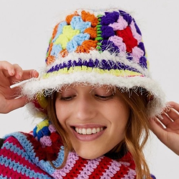 New STAHL x Free People Crochet Handknit O/S Colorful Soft Granny Boho Bucket - Picture 4 of 5